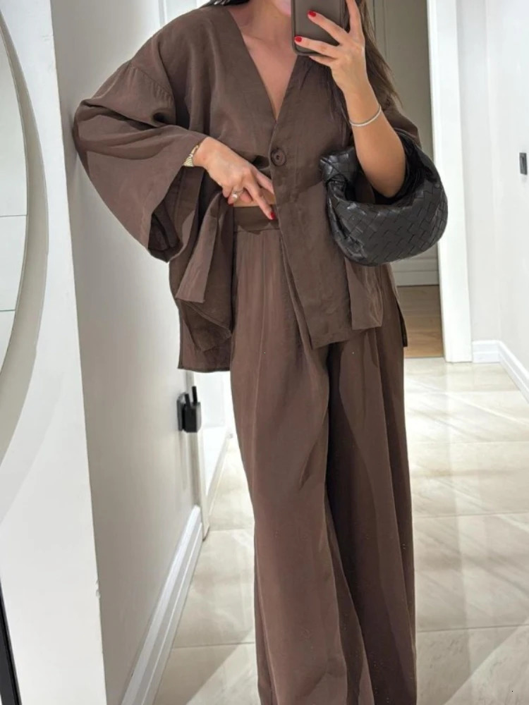 Casual Cotton Linen Loose Long Pants Suits Fashion Half Bubble Sleeve V-neck One Button Shirt Sets Lady Summer Street Outfit 260303