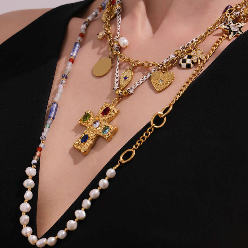 Women's Vintage Bohemian Necklace: Stainless Steel Cross Pendant Multi-accessory Freshwater Pearl Natural Stone Long Necklace Layered Unisex Part