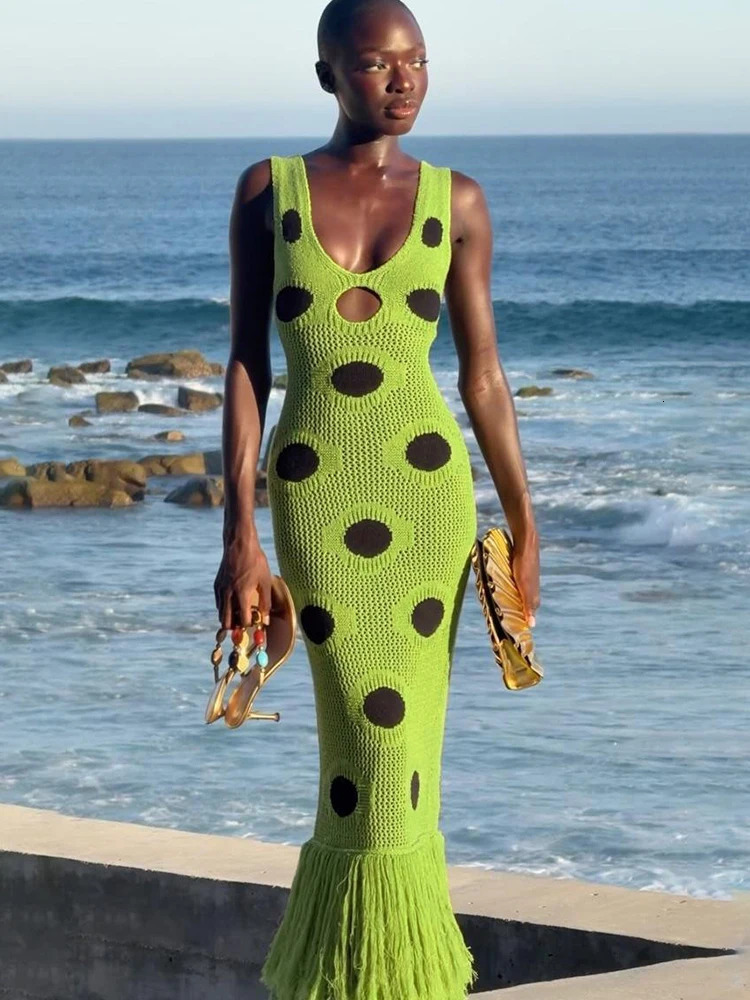 Weird Puss Knit Women Dress Beach Vacation Skinny Stretch Sleeveless Hollow Dot Tassel Hem Elegant Sexy Midnight Maxi Bodycon 260306