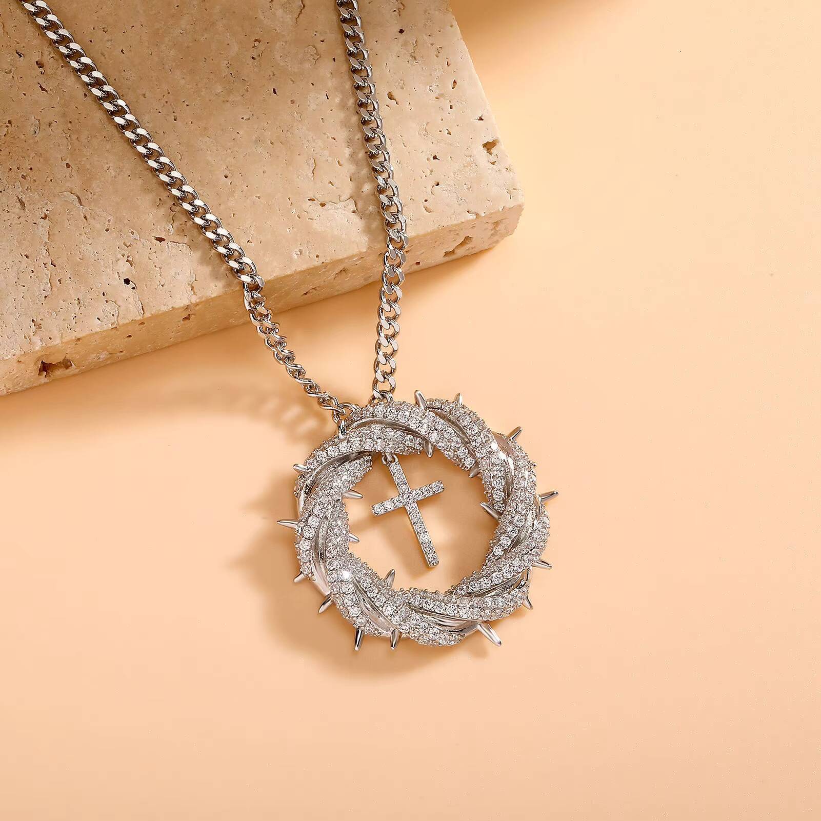 Creative Flower Twist Cross Micro-Inlaid Gold-plated Copper Zircon Necklace Trendy European Personalized Hip-Hop Pendant