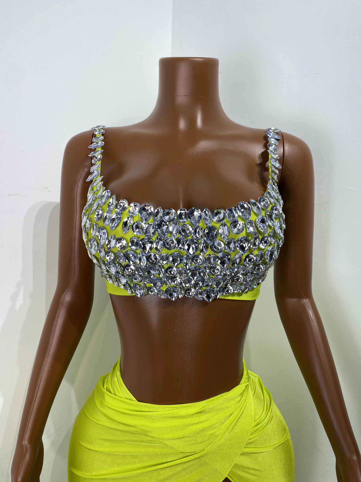 Women Tank Diamonds Crystal Green Blue Midi Split Skirt Set Birthday Party Costume Bar Nightclub Stage Performance Clothing 260306