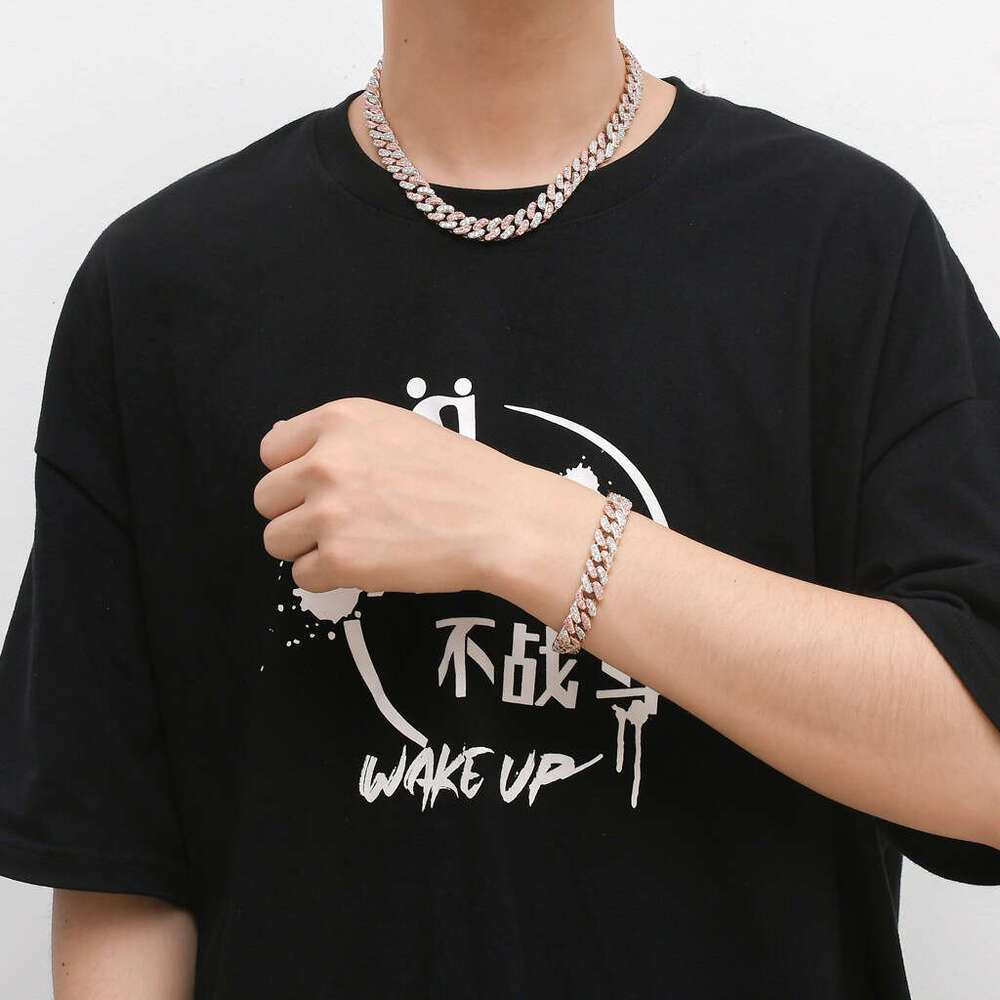 Direct sales from the source manufacturer: high-quality 12mm Cuban chain men's personalized hip-hop bracelet with zircon stones, pink white, Euro