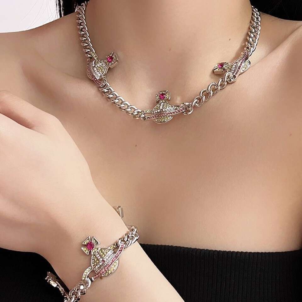 Queen Mother's High-Quality Color Diamond Saturn Necklace for Women, Hip-Hop Punk Cuban Chain Bracelet, Versatile Planet Choker, Trendy