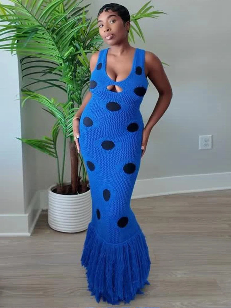 Weird Puss Knit Women Dress Beach Vacation Skinny Stretch Sleeveless Hollow Dot Tassel Hem Elegant Sexy Midnight Maxi Bodycon 260306