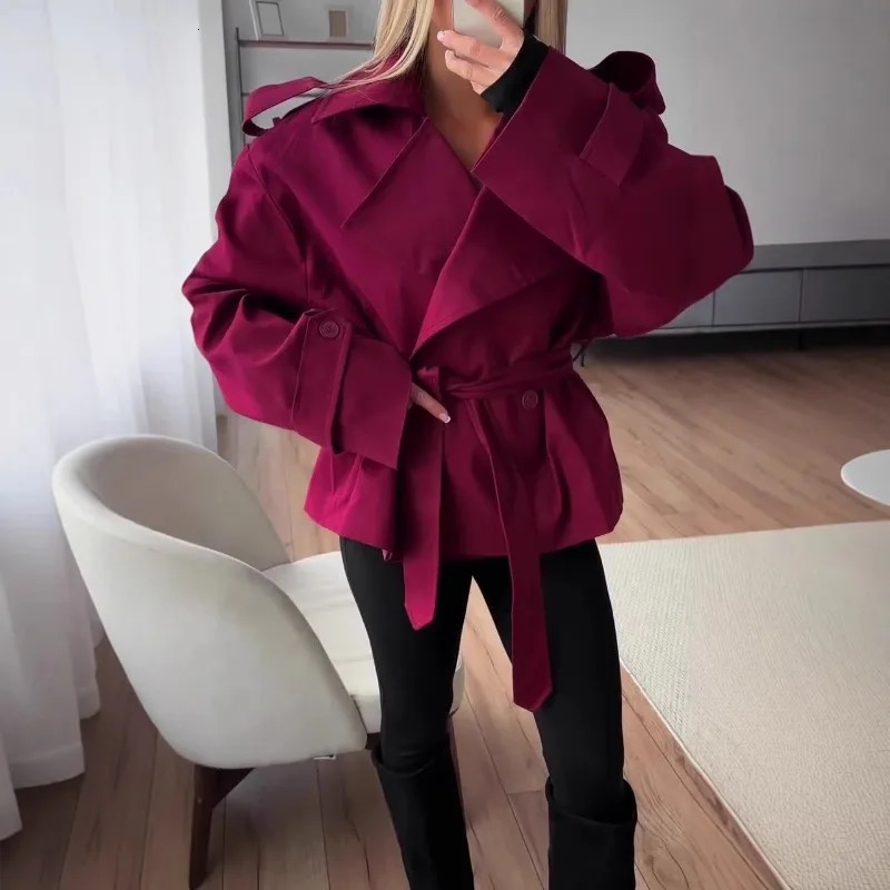 F Fashion Lace up Cropped Trench Coat Women Lapel Long Sleeves Wide Shoulder Windbreaker Jacket Fall Commuting Daily Jackets 260228
