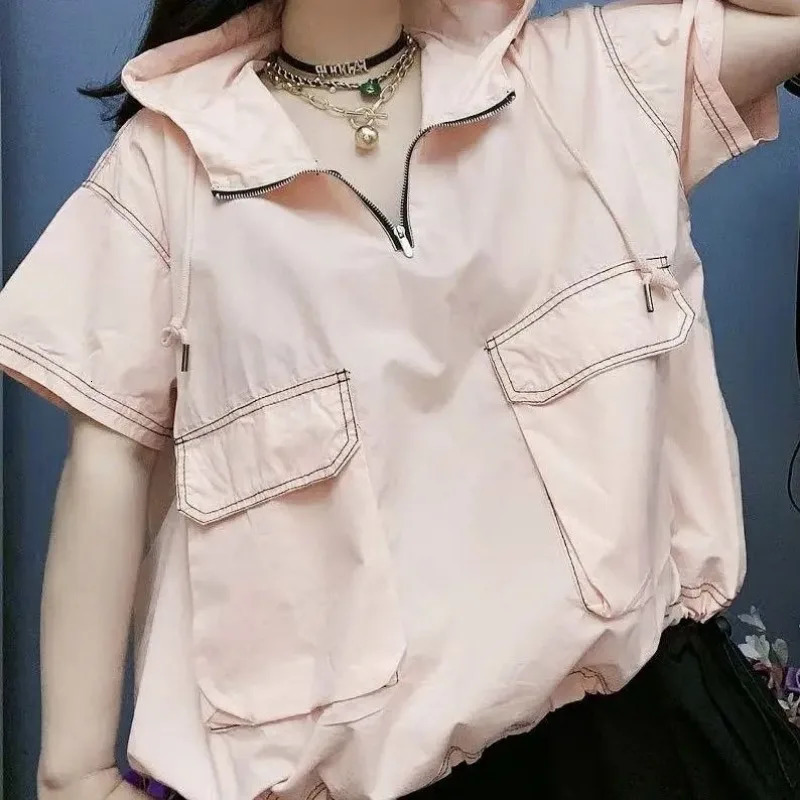 Short Sleeved Half Zipper Casual Versatile Fashion Pocket Vest Women Chalecos Para Mujer Hooded Tops Pullover Hoodies Waistcoat 260306