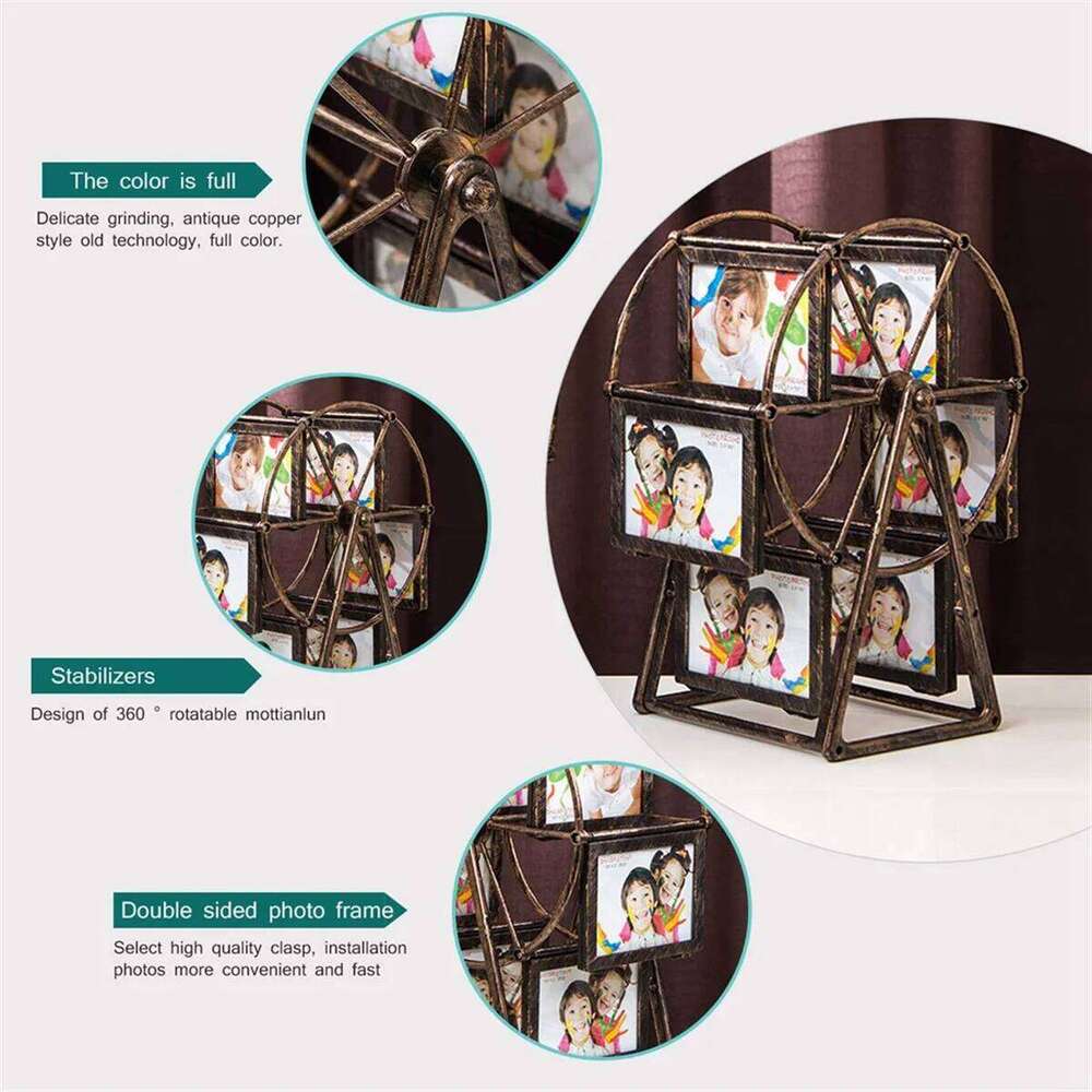 A96Q-Retro Vintage Rotating Wheel Picture Frame, Personalized Family Frame Shows for 12 Photo Home Decor A H260306
