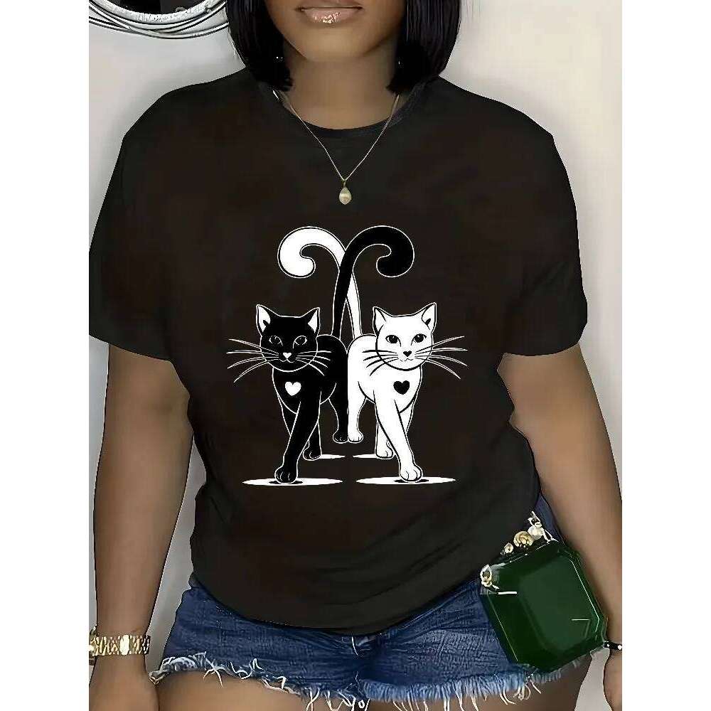 Womens Print Short-Sleeve T-Shirt Women Comfortable Casual Wear for Spring Summer and Fall Optimistic Cat Design XJ260306 XJ260306