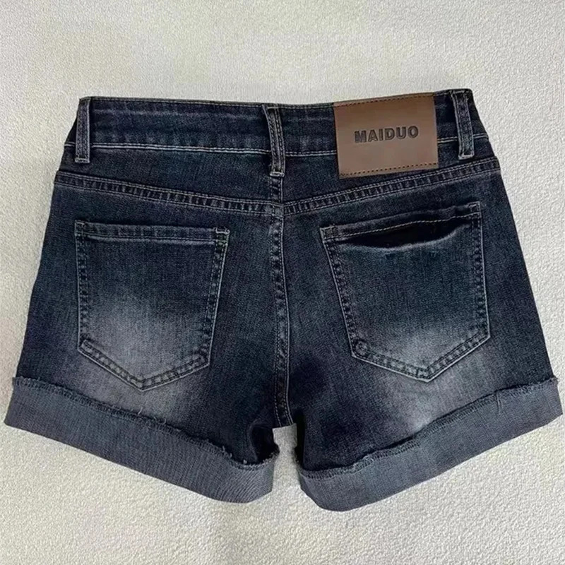 Retro Roll Up Hem Deep Blue Denim Shorts Women Summer Sexy Low Rise Hip Covering Pants American Distressed Washed Jean Short 260306