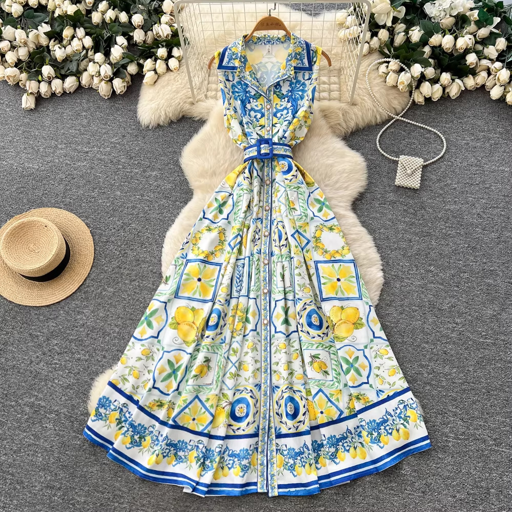 Resort Style Sleeveless Turn-Down Collar Printed Dress For Women Summer Korean Version Tie Waist A-Line Long Dress Elegant And Chic