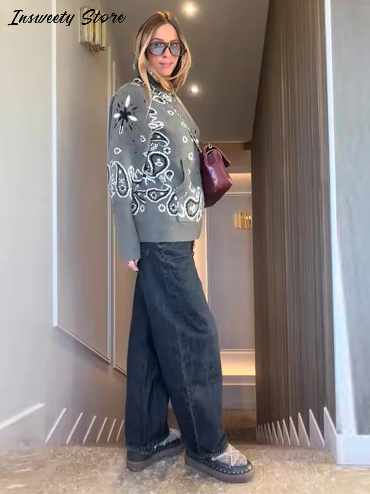 Fashion Knit Printed Sweater Womens Stand Collar Long Sleeve Zippers Vintage Style Cardigan 2026 Spring Lady Casual Top 260305