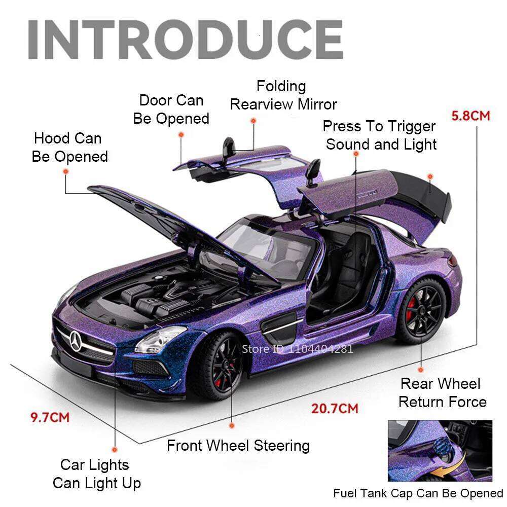 1:24 SLS Vision GT Diecast Alloy Model Miniature Car Toys Sound Light Pull Back Doors Opened Sports Cars Collectibles Child Gift Z260307