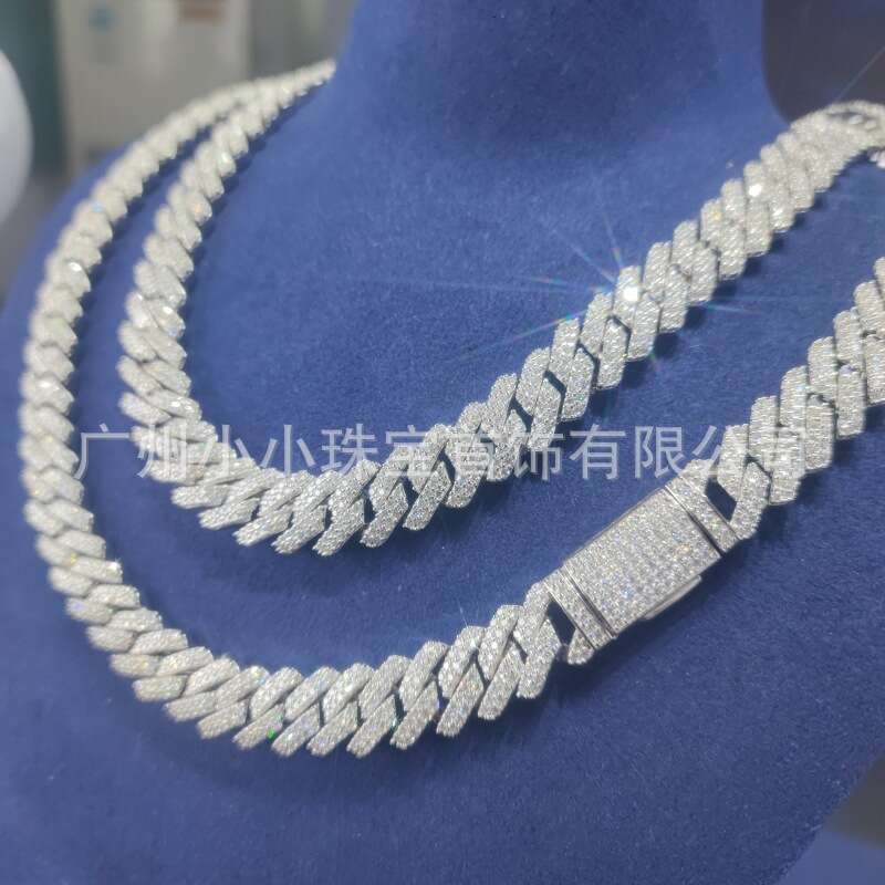 Factory direct cross-border jewelry, sterling silver diamond necklace, 12mm moissanite, high-end hip-hop Cuban chain, premium quality
