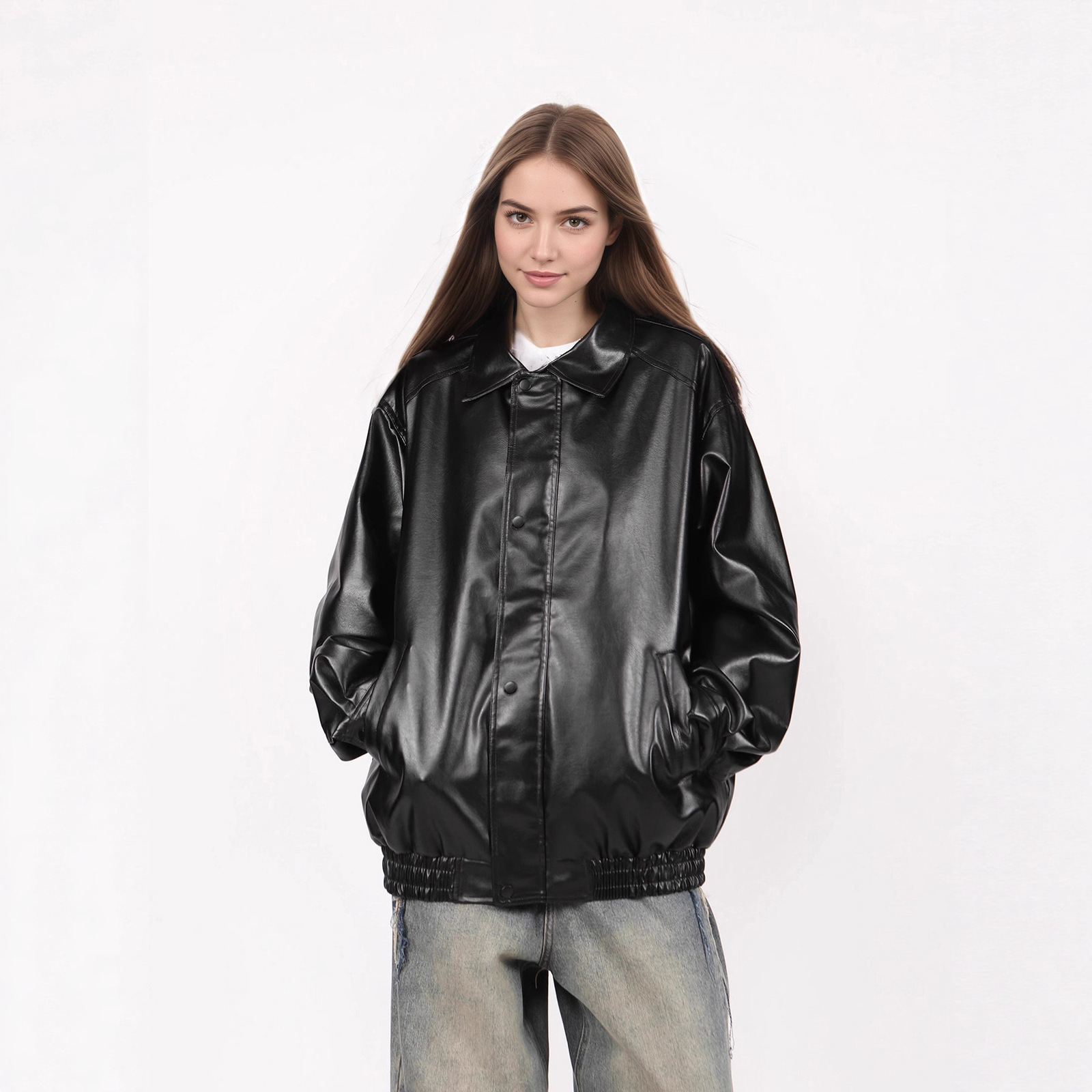 Women Retro Burgundy Leather Short Jacket Fashion Big Lapel Full Sleeves Pocket Loose Coats Lady Autumn Chic High Street Outwear 241105