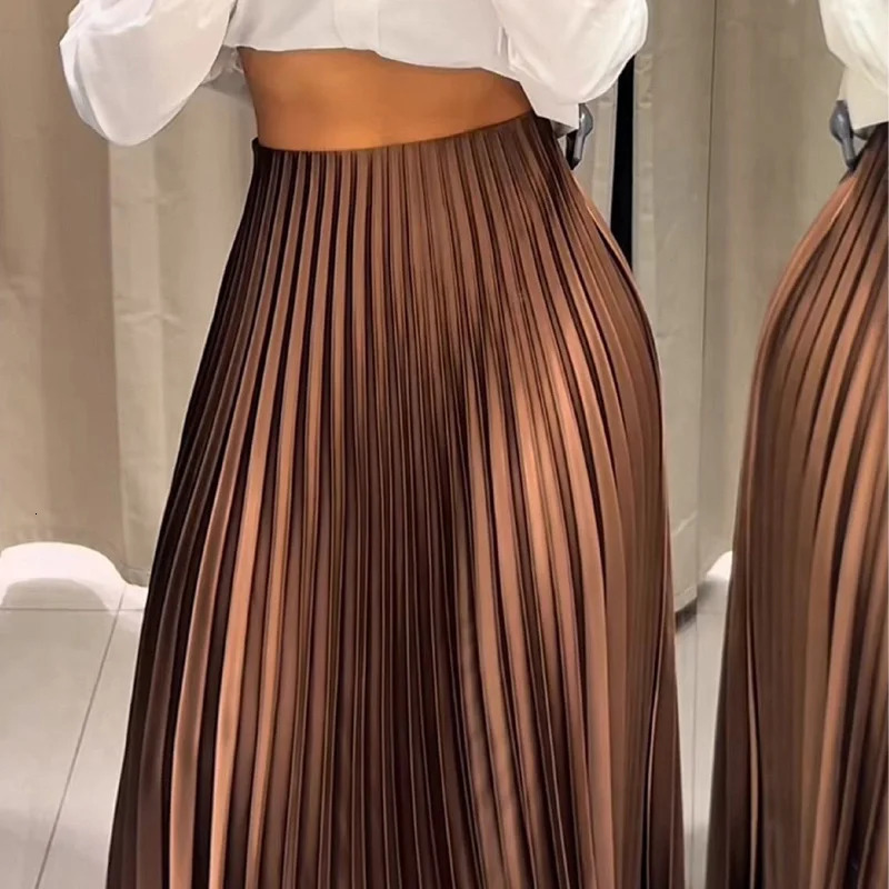HXAO Womens Pleated Skirt Summer Brown Ruffle Skirt Cylinder Pleats Mid Waist Midi Skirt Fashion Elegant Women Long Skirt 2025 260228