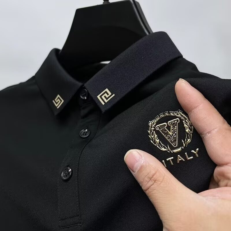 Luxury Brand Designer Clothes Men's Ice Silk Polo Shirt With Collar, 2025 Summer New Style, Men's Short-Sleeve Trendy Slim-Fit Top