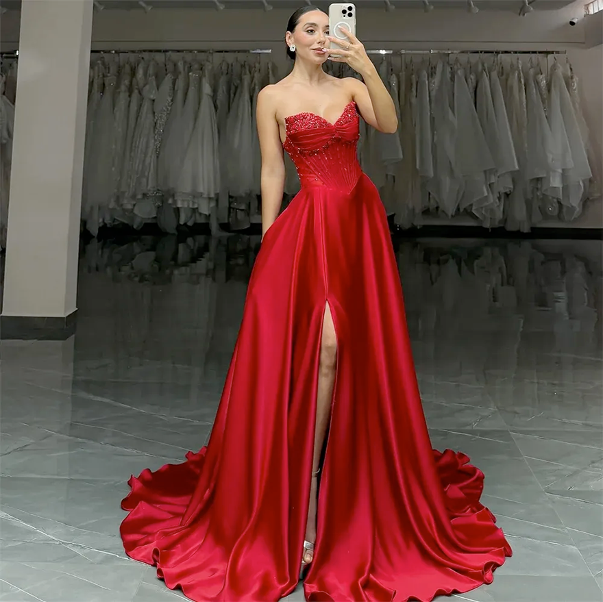 2026 New Red Formal Prom Dress V-Neck Side Split Sleeveless Sequins Beads Satin Women A-line Evening Birthday Gowns Party Dresses Robes De Soiree BC68