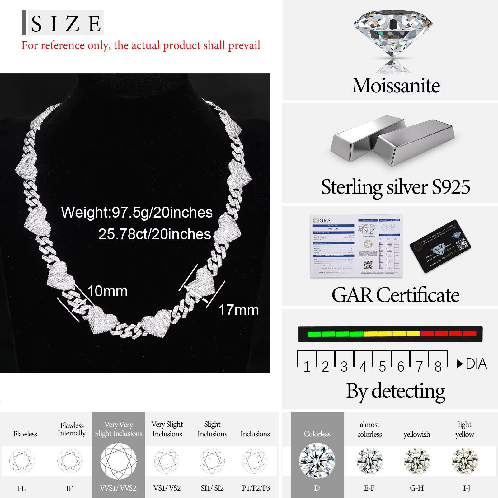 Xs Fashion Hop Jewelry 17mm 925 Sterling Silver Vvs Moissanite Iced Out Heart Charm Cuban Llink Chain Necklace