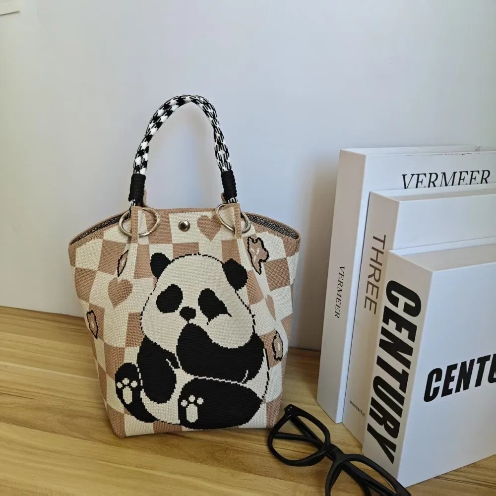 Cute Cartoon Panda Handbag Portable Knitted Tote Bag Large Capacity Multifunctional Bucket Women 260307