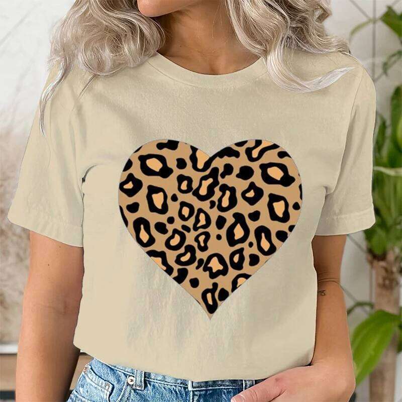 Vintage Leopard Print Heart Pattern Women Shirts Casual Fashion Love Graphics Korean Ulzzang Short Sleeve T Shirt Femme XJ260306