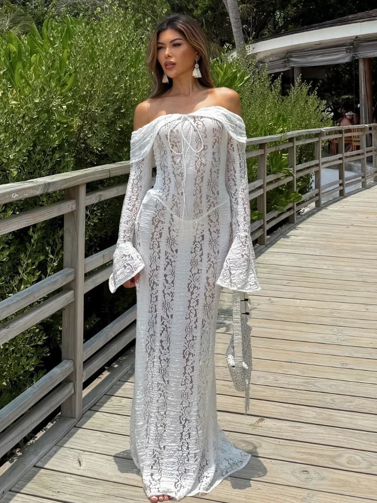 2026 Women Sexy Lace Patchwork White Maxi Dress Flared Sleeve Off Shoulder Bodycon Gowns Lady Evening Night Party Robes 260306