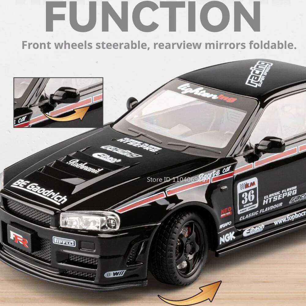 1:24 GTR-R34 S15 Diecast Alloy Model Car Toys Shock Absorption with Sound Light Doors Opened Vehices Kids Fashion Ornaments Z260306