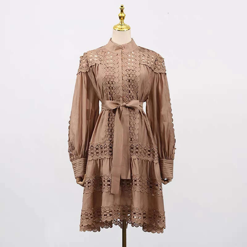 2026 Spring and Autumn Season European a3 and American Niche Lace Hollow Design Loose and Simple Solid Color Shirt Dress