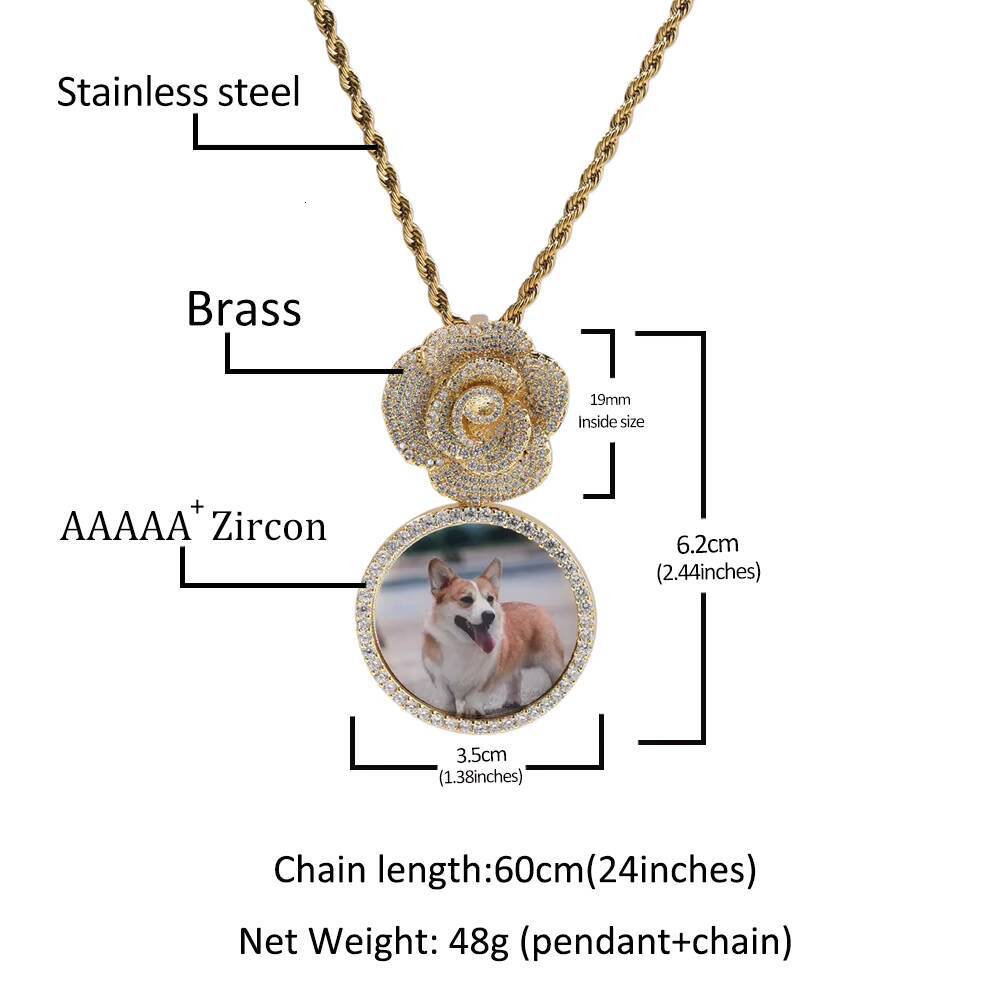 Iced Out Customized Fashionable Flower Rose Gold Jewelry Photo Bling Zircon Brass Pendant Photo Necklaces