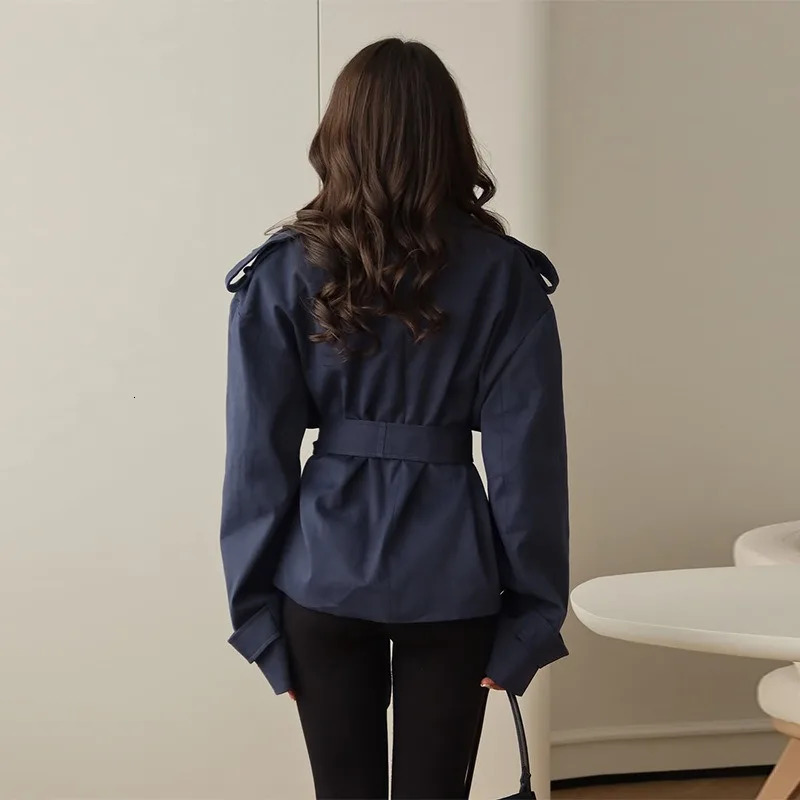 F Fashion Lace up Cropped Trench Coat Women Lapel Long Sleeves Wide Shoulder Windbreaker Jacket Fall Commuting Daily Jackets 260228