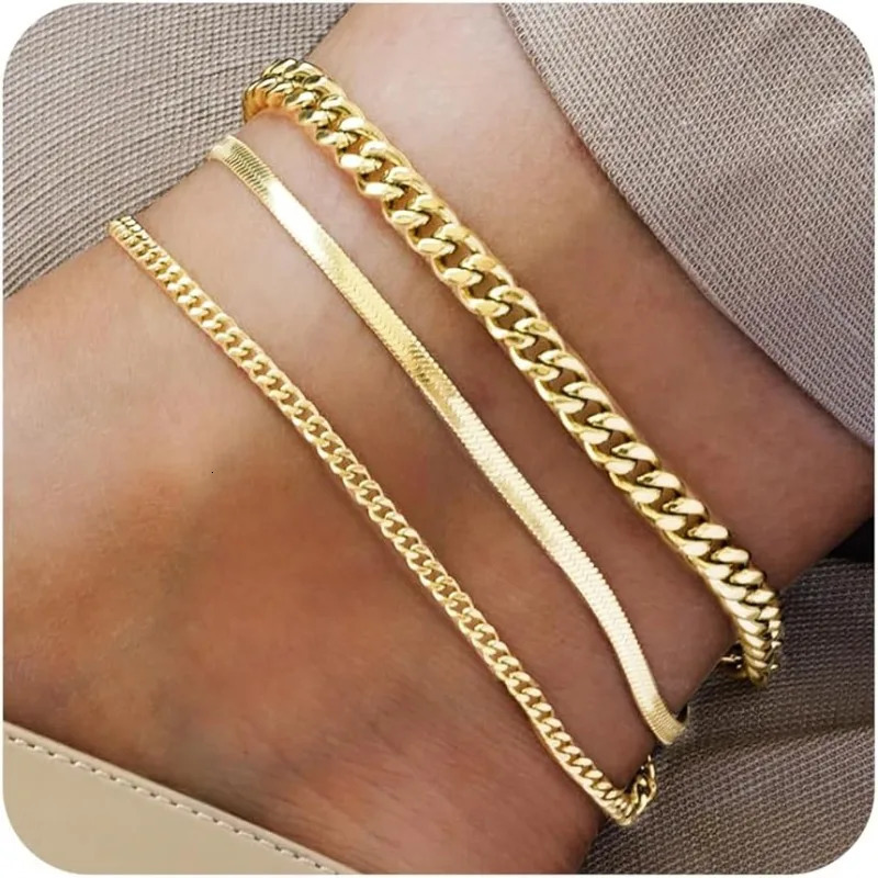 Waterproof Ankle Bracelets for Women Girls 14K Gold Plated STAINLESS STEEL Cuban Link Figaro Rope Snake Anklets Foot Jewelry 260304