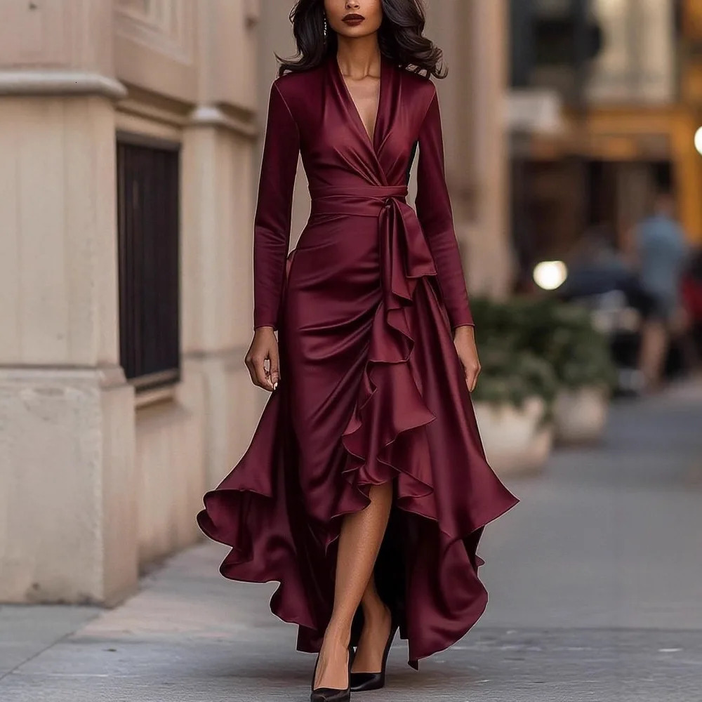 Evening Dress Womens Long Sleeve V Neck High Waist Slim Fit Ruffle Solid Color Elegant Fashion Party Spring Autumn Dress 260304