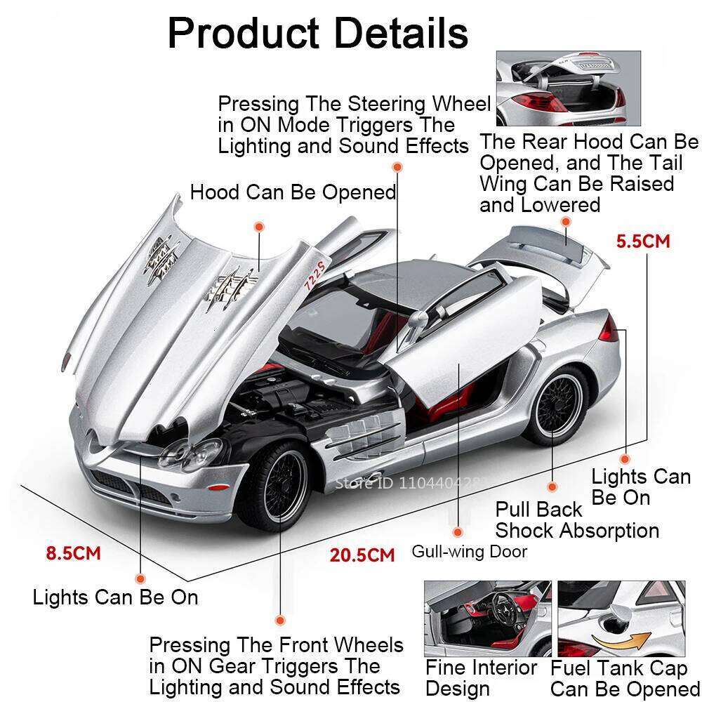1:24 SLR 722S GT Alloy Sports Car Model Diecast Toy with Sound Light Pull Back Doors Opened Miniature Cars Boy Christmas Present Z260307