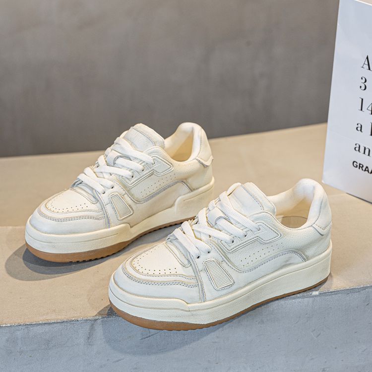 Free Shipping 2026 New Women's Genuine Leather Thick Sole Sneakers, Distressed Lace-Up White Board Shoes Size 35-40