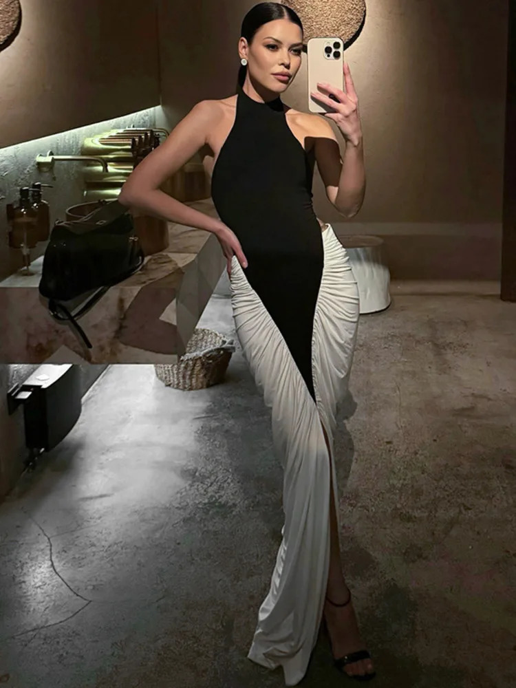 Blifanbo Patchwork Sleeveless Split Maxi Dress Women Fashion Contrast Color Halter Backless Ruched Bodycon Club Party Long 260306