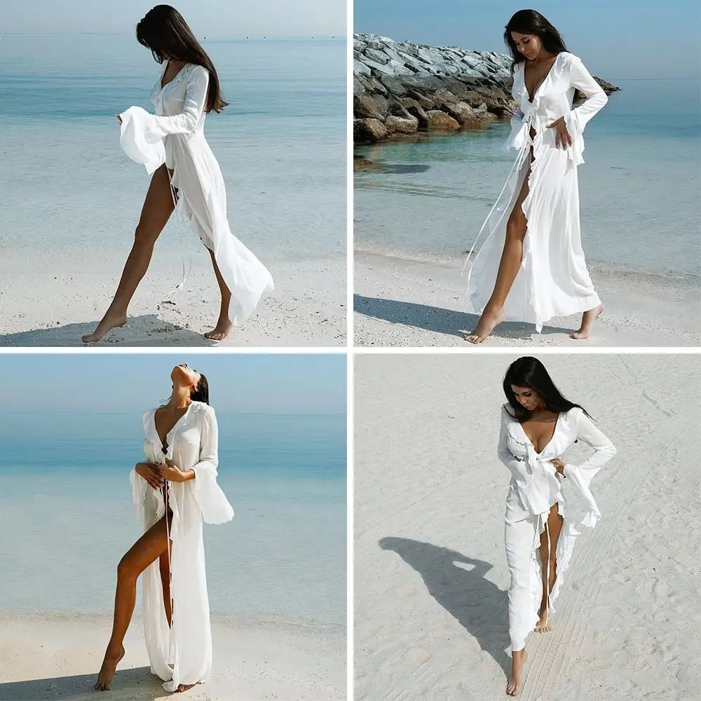 V Neck Summer Beach Cover Up Long Sleeve Ruffled Bikini Sunscreen Smock Vacation Casual Swimsuit Dress for Women 260228