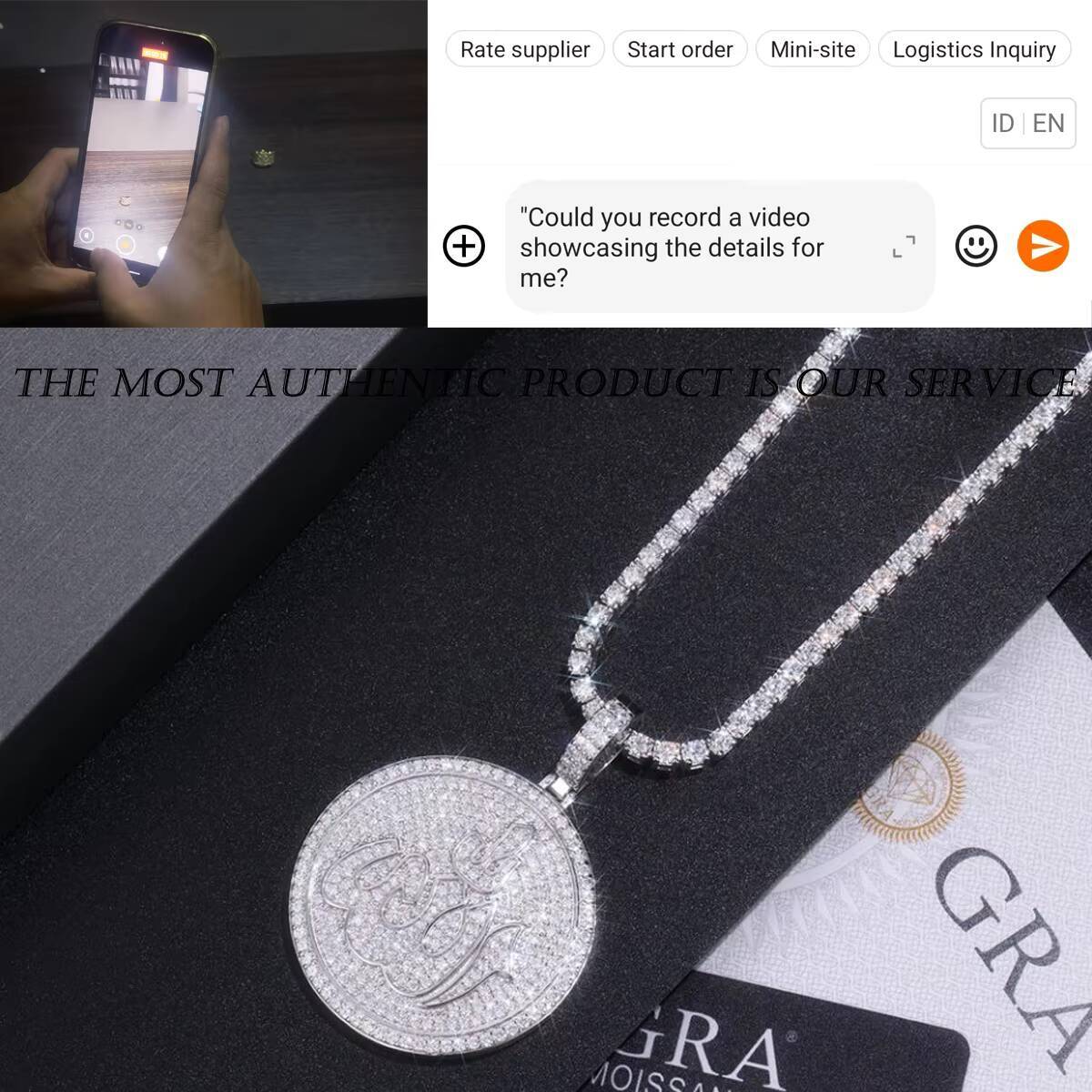 Pave Moissanite Arabic Letter Round Pendant Necklace 18K Gold Plated S925 Sterling Silver Hip Hop Retro Rapper Wear