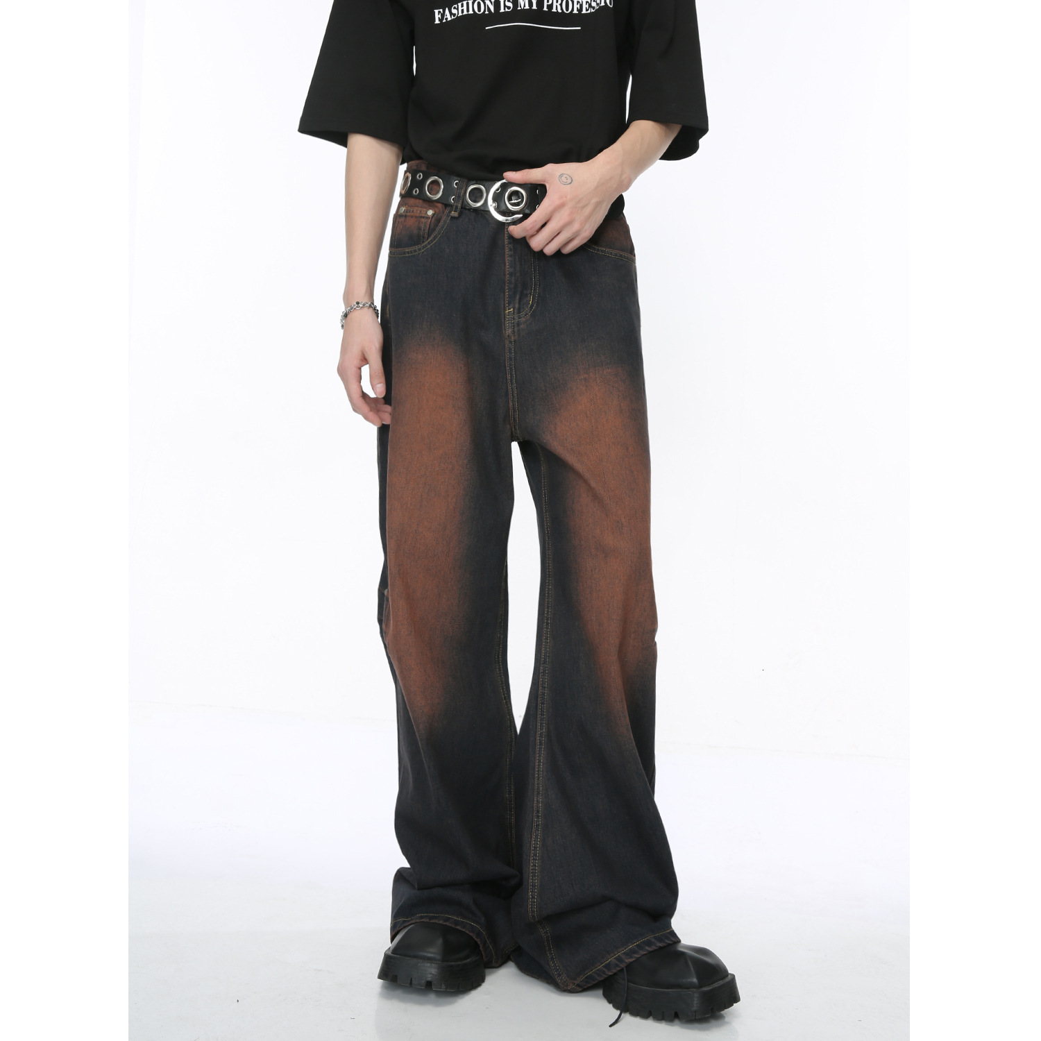 Punk Rhinestone embellished black jeans Y2k American streetwear loose wide leg jeans men 250508