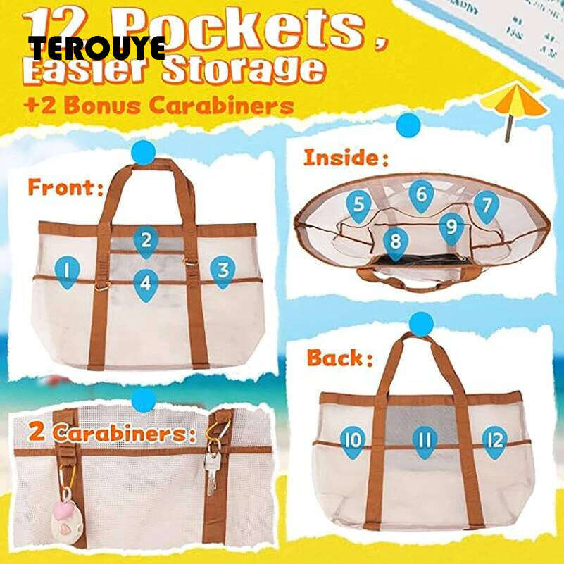 Large Ladies Colour-Blocked Foldable Mesh Tote Lightweight Spacious Beach Bag For Sunbathing Gym TEROUYE