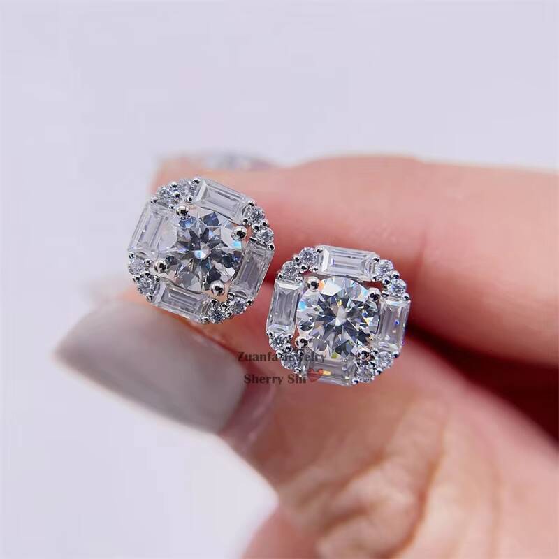 Pass Diamond Tester 9mm Vvs baguette Moissanite Stud Earrings With Screw Back 10k Gold Jewelry