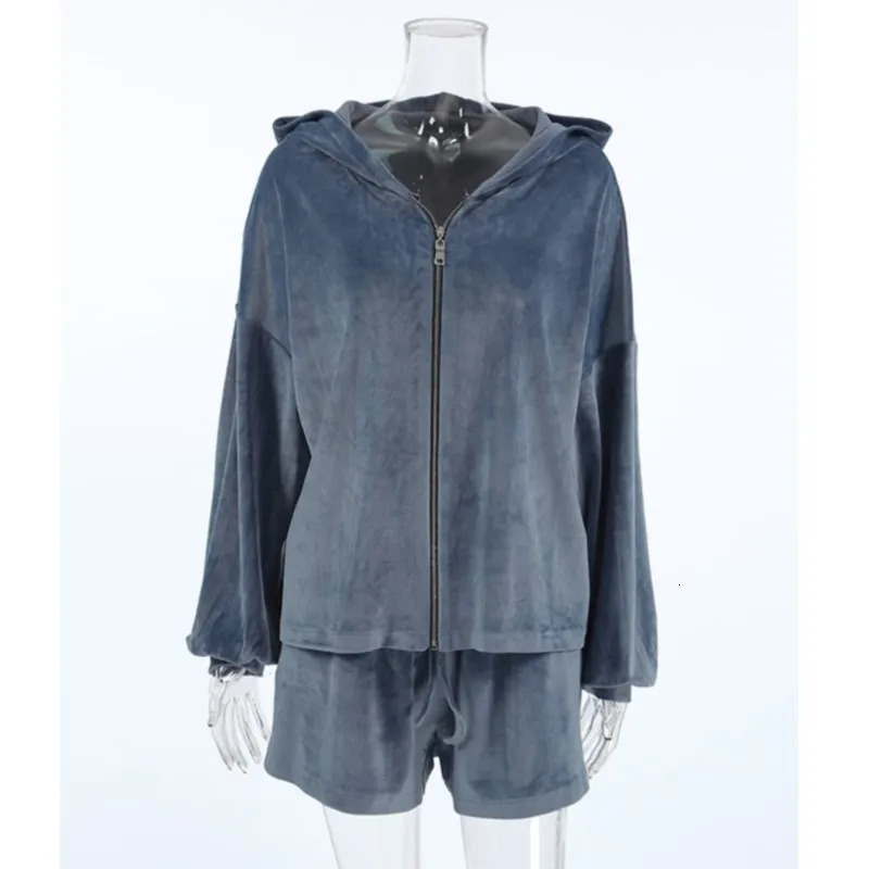 Women Twopieces Shorts Sets Spring Autumn Long Sleeves Zipper Hooded CoatHigh Waist Loose Drawstring Two Piece Set 260306