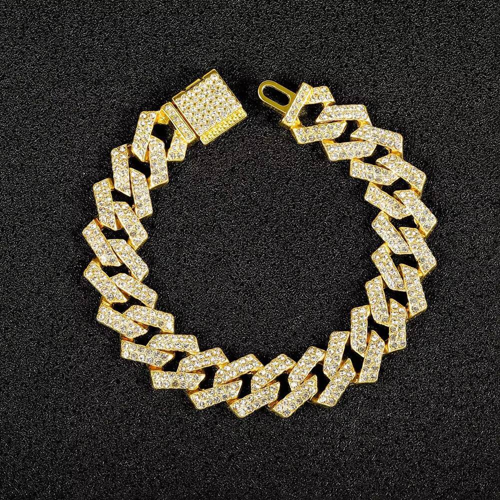 Moissanite Cuban Link Chain 15MM Diamond Gold Plated Alloy Fashion Jewelry Hip Hop Necklace Bracelet for Men