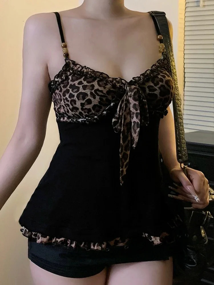 American sweet Y2k Leopard Camisole Women Retro Streetwear E-girl 90s Dark Gothic Sexy Patchwork Lace-up Crop Tank Top Femme 260306