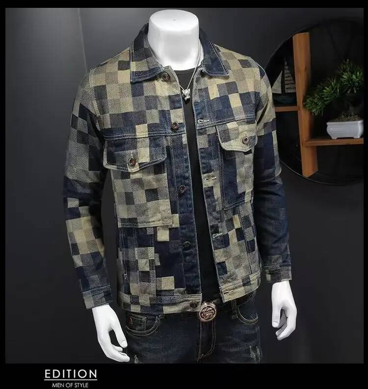 2025 New Printed Distressed Vintage Denim Jacket Men's Fashion plaid Lapel Coat Male Button Jeans Jackets