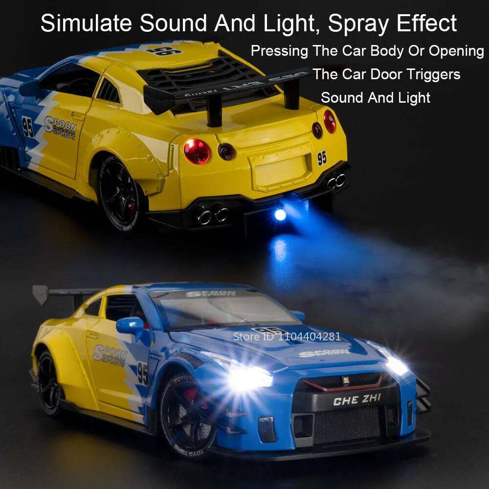 1:24 GTR Alloy Car Toys Diecast Model Spray Version Front Wheel Steering Doors Openend Sound Light Pull Back Vehice Holiday Gift Z260306