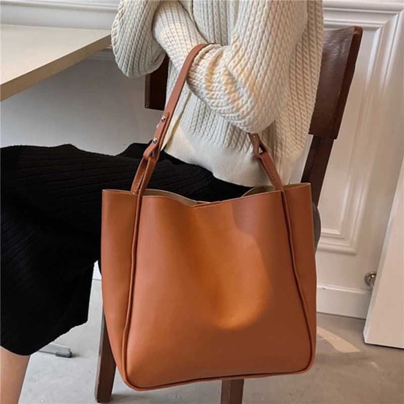 PU Bucket Bag Women Simple Large Capacity Tote Handbag Shoulder Bags For Ladies All-Purpose Shopping Female H260306