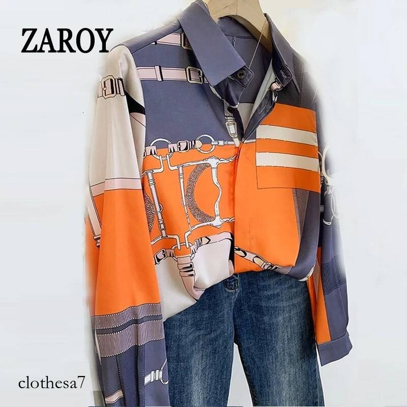 ZAROY S-3XL Imitation Silk Slim Shirts Women Orange Grey Print Fashion Blouses Lady Top Luxury Brand Design Shirt camisas