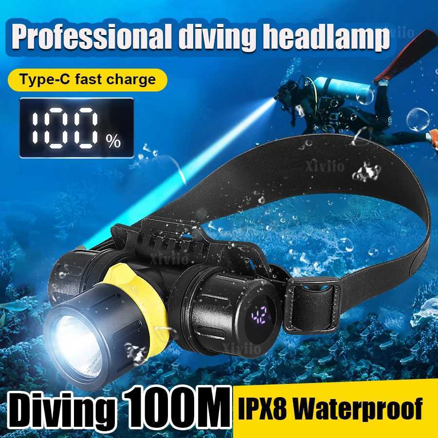 Professional LED Scuba Diving Headlamp XHP70 IPX8 Rate Waterproof Headlight Underwater Dive Head Torch Super battery life H260307