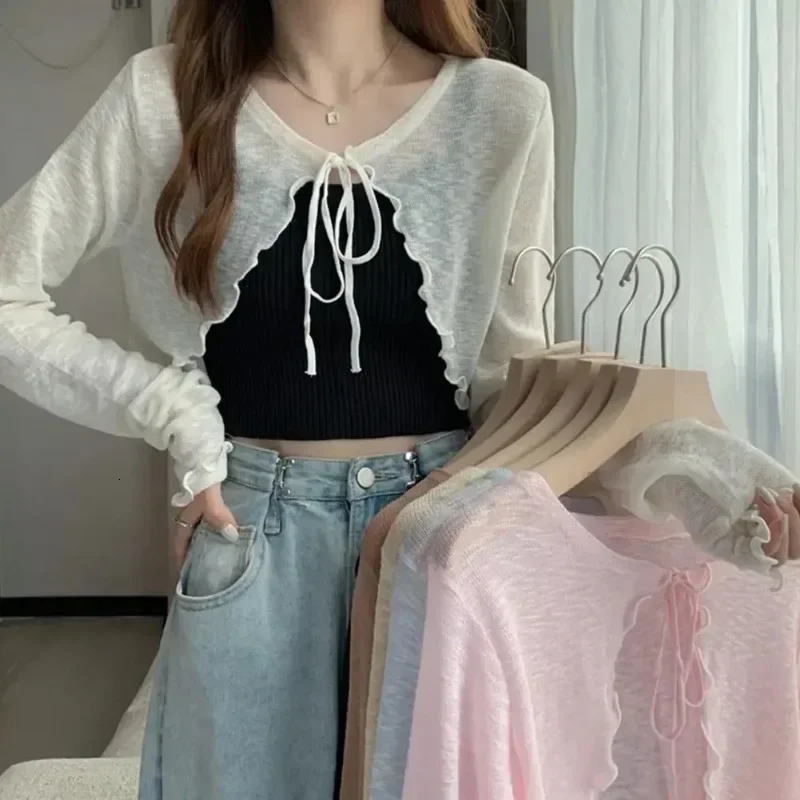 Summer Women Thin Sunscreen Cardigan Laceup Knitwear Tops Female Korean Style Lantern Sleeve Short Coat Casual Sun Protected 260306