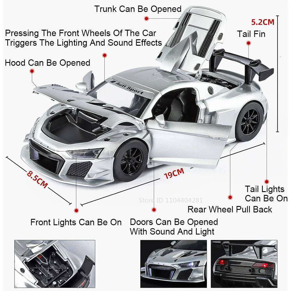 1:24 R8 LMS GT2 A6L Alloy Car Diecast Model Toys Sound Light Pull Back Miniature Vehices Doors Opened Cars Childen Collect Gifts Z260306