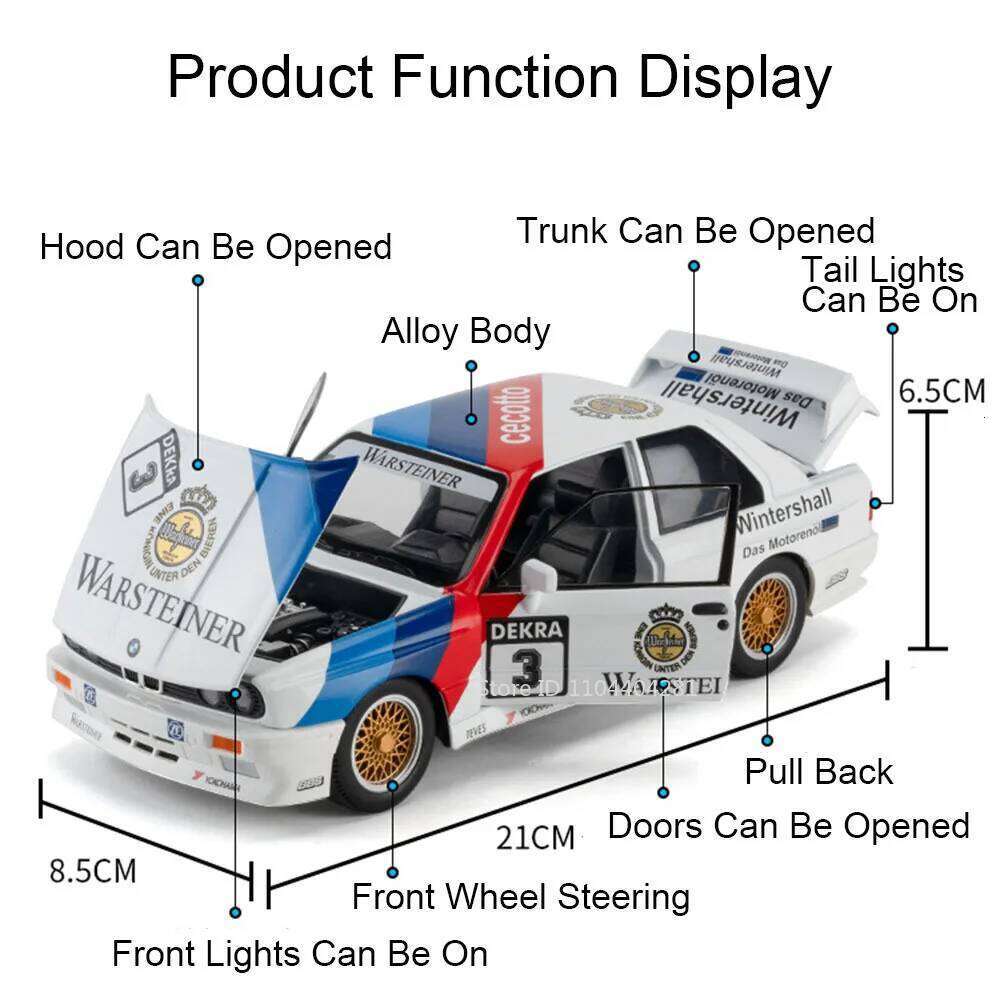 1:24 M3 M4 Model Toys Diecast Alloy Car 4 Doors Opened Sound Light Pull Back Front Wheel Steering Vehice for Boy's Birthday Gift Z260307